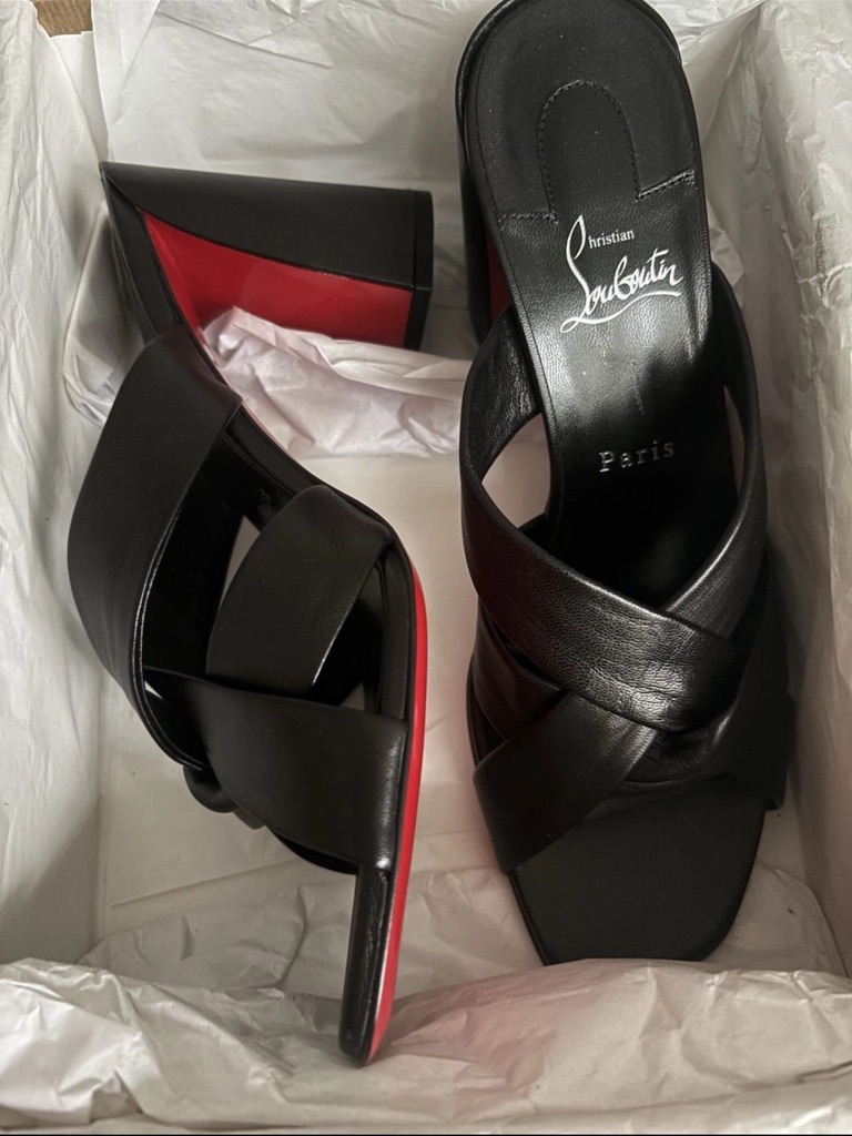 Christian Louboutin Black Leather Crisscross Mule With Red Sole